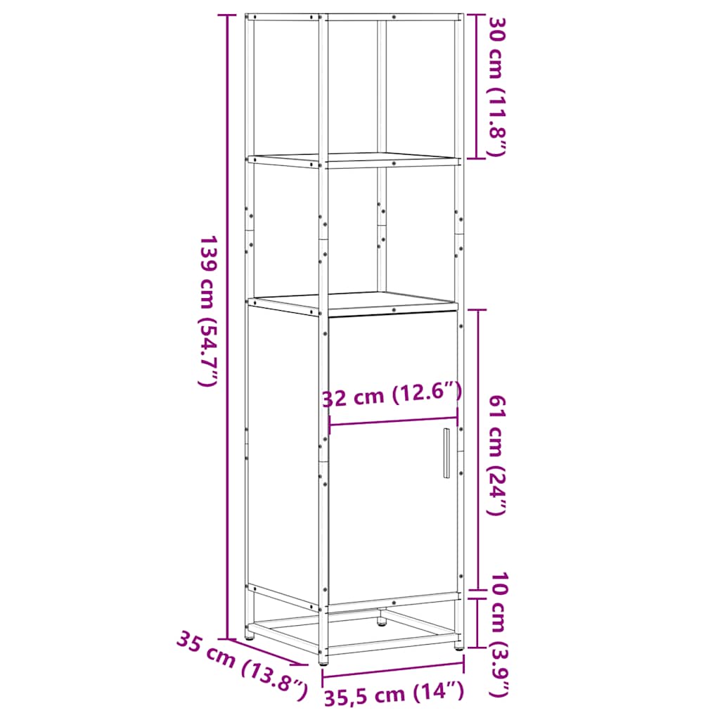 Hoge kast 35,5x35x139 cm bewerkt hout en metaal gerookt eiken
