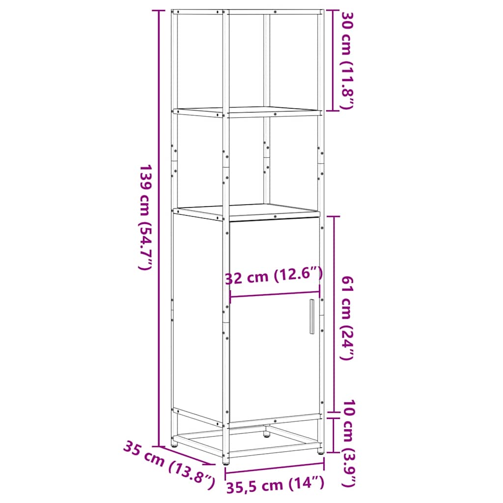 Hoge kast 35,5x35x139 cm bewerkt hout en metaal bruin eiken