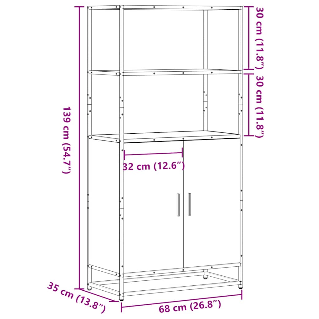 Hoge kast 68x35x139 cm bewerkt hout en metaal bruin eikenkleur
