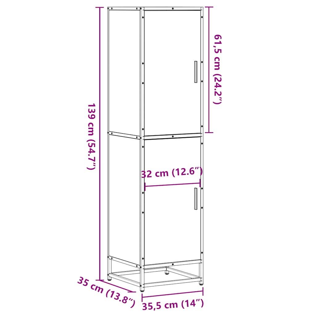 Hoge kast 35,5x35x139 cm bewerkt hout en metaal gerookt eiken