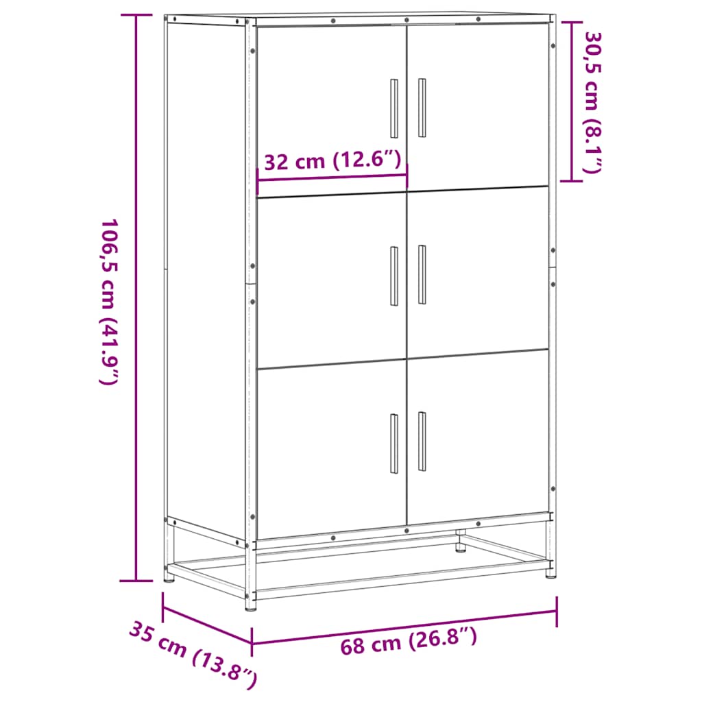 Hoge kast 68x35x106,5cm bewerkt hout en metaal bruin eikenkleur