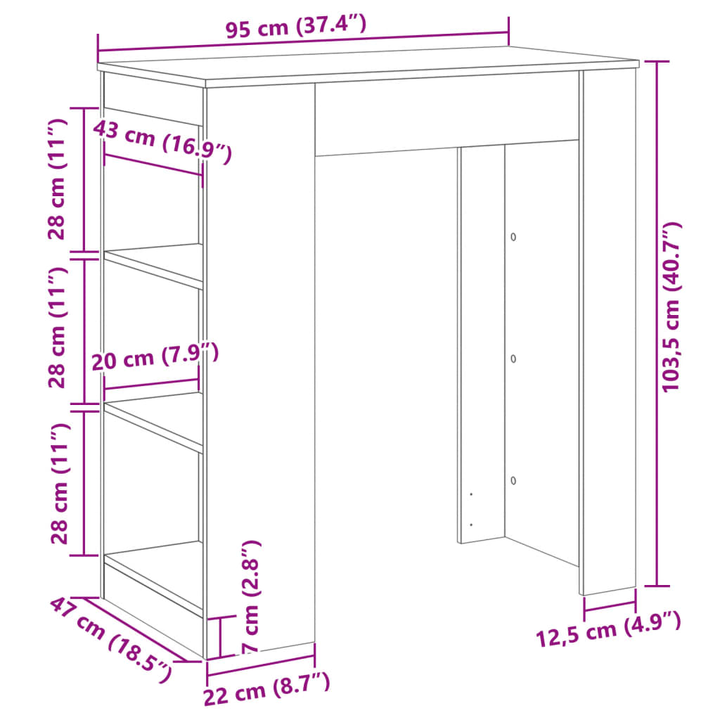 Bartafel met rekken 95x47x103,5 cm bewerkt hout betongrijs