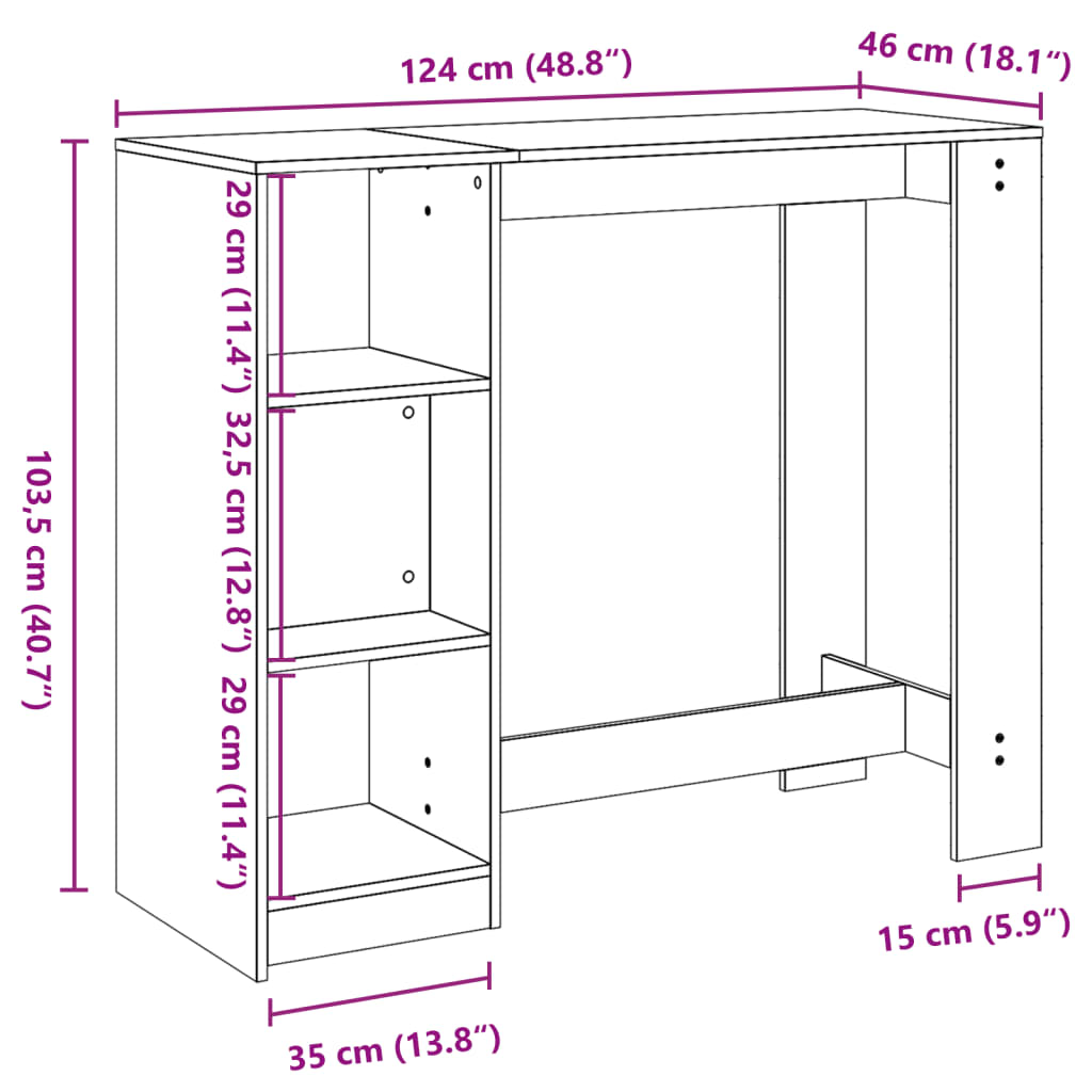 Bartafel met schap 124x46x103,5 cm bewerkt hout gerookt eiken