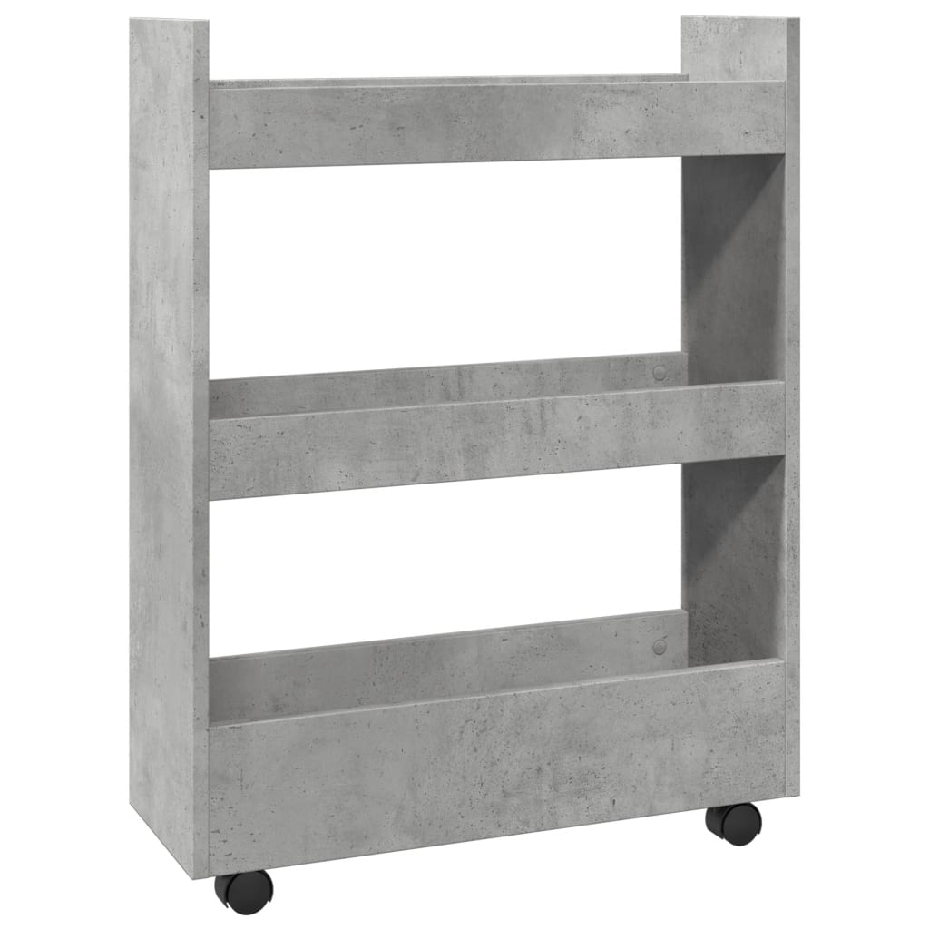 Opbergtrolley smal 3-laags bewerkt hout betongrijs