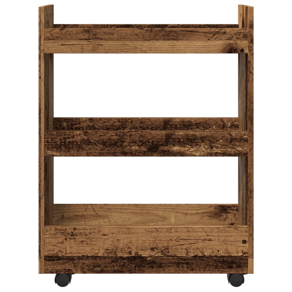 Opbergtrolley smal 3-laags bewerkt hout oud houtkleurig