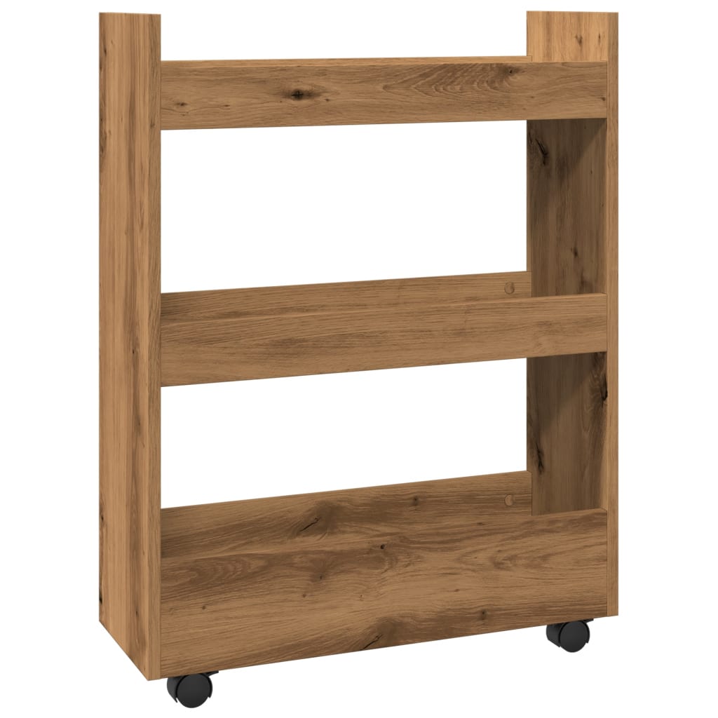 Opbergtrolley smal 3-laags bewerkt hout artisanaal eikenkleurig