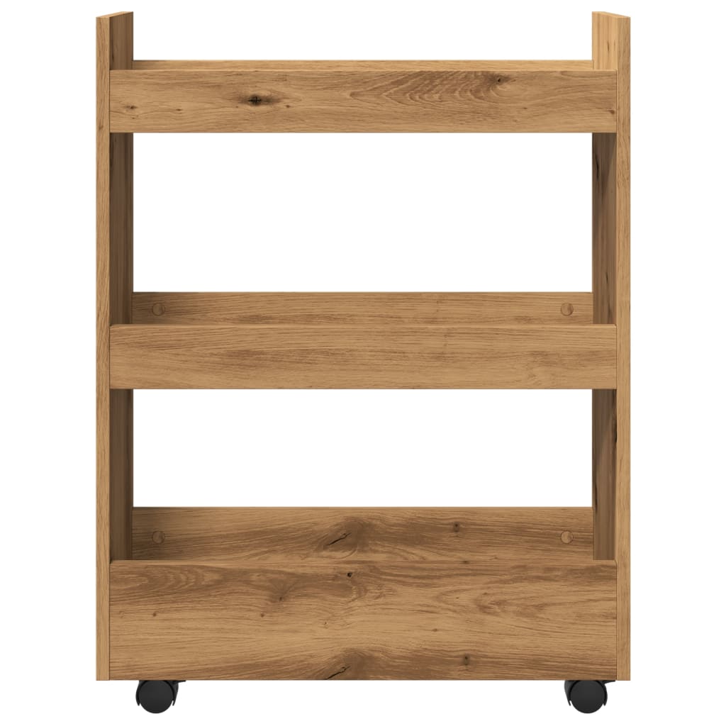 Opbergtrolley smal 3-laags bewerkt hout artisanaal eikenkleurig