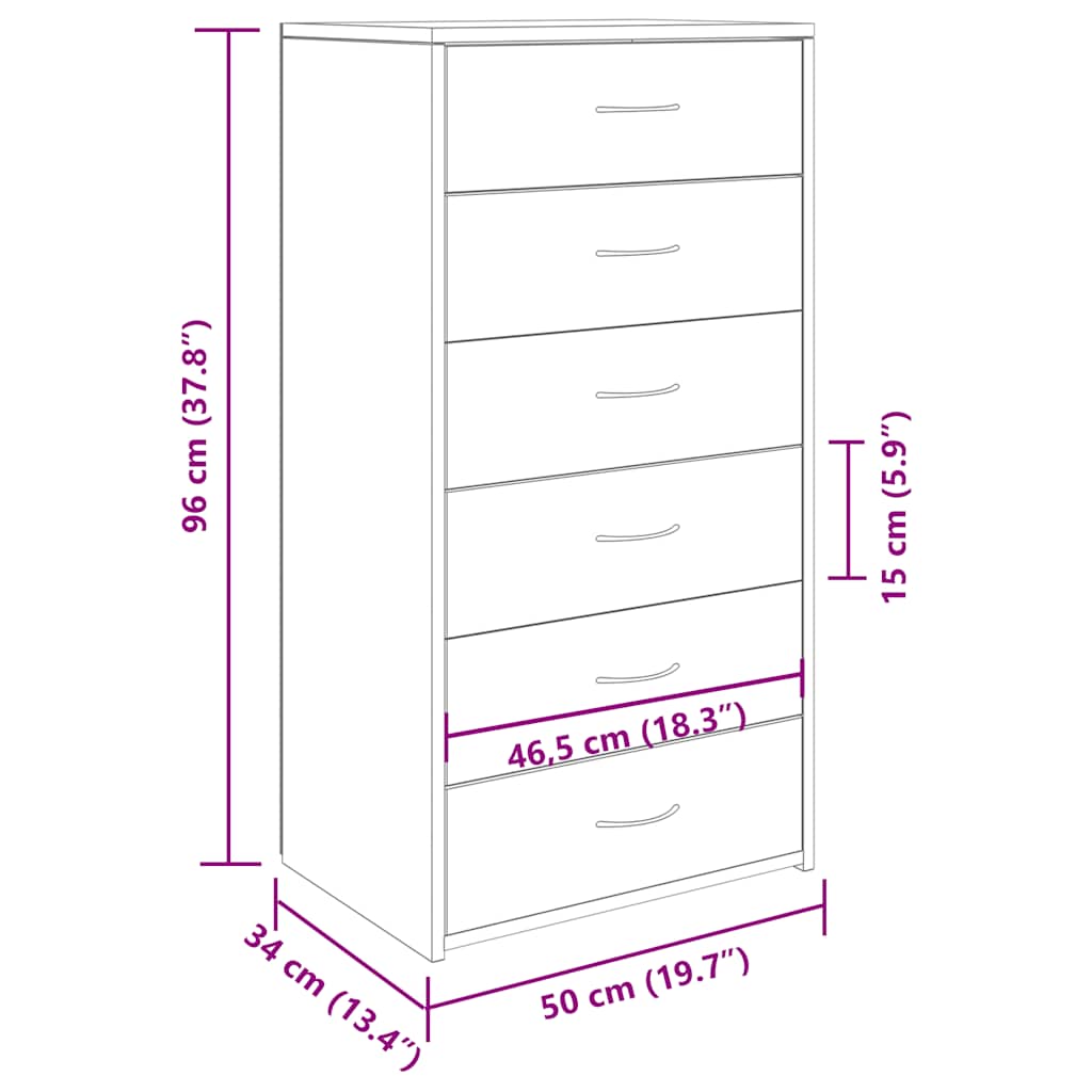Dressoir met 6 lades 50x34x96 cm bewerkt hout oud houtkleurig