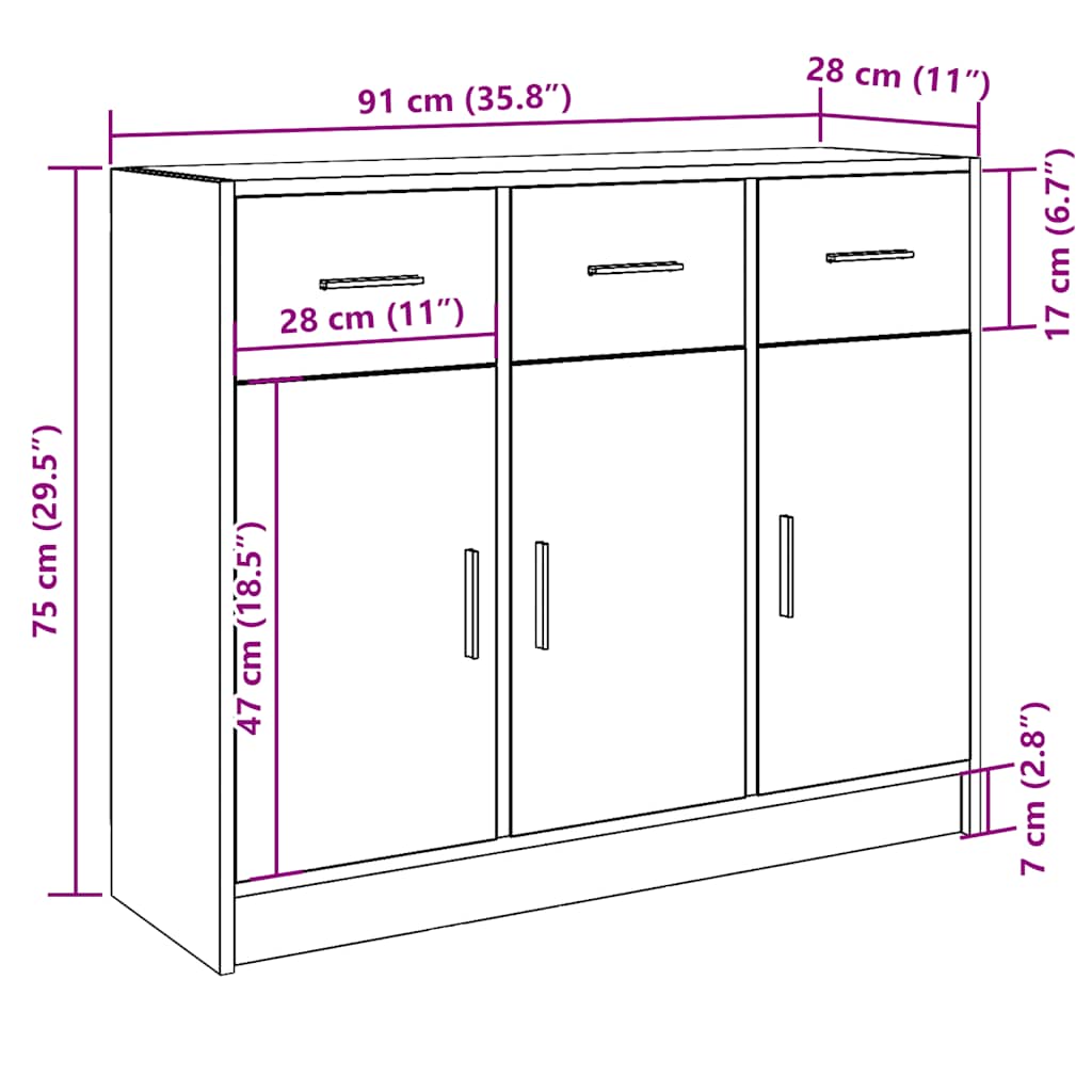 Dressoir 91x28x75 cm bewerkt hout artisanaal eikenkleur