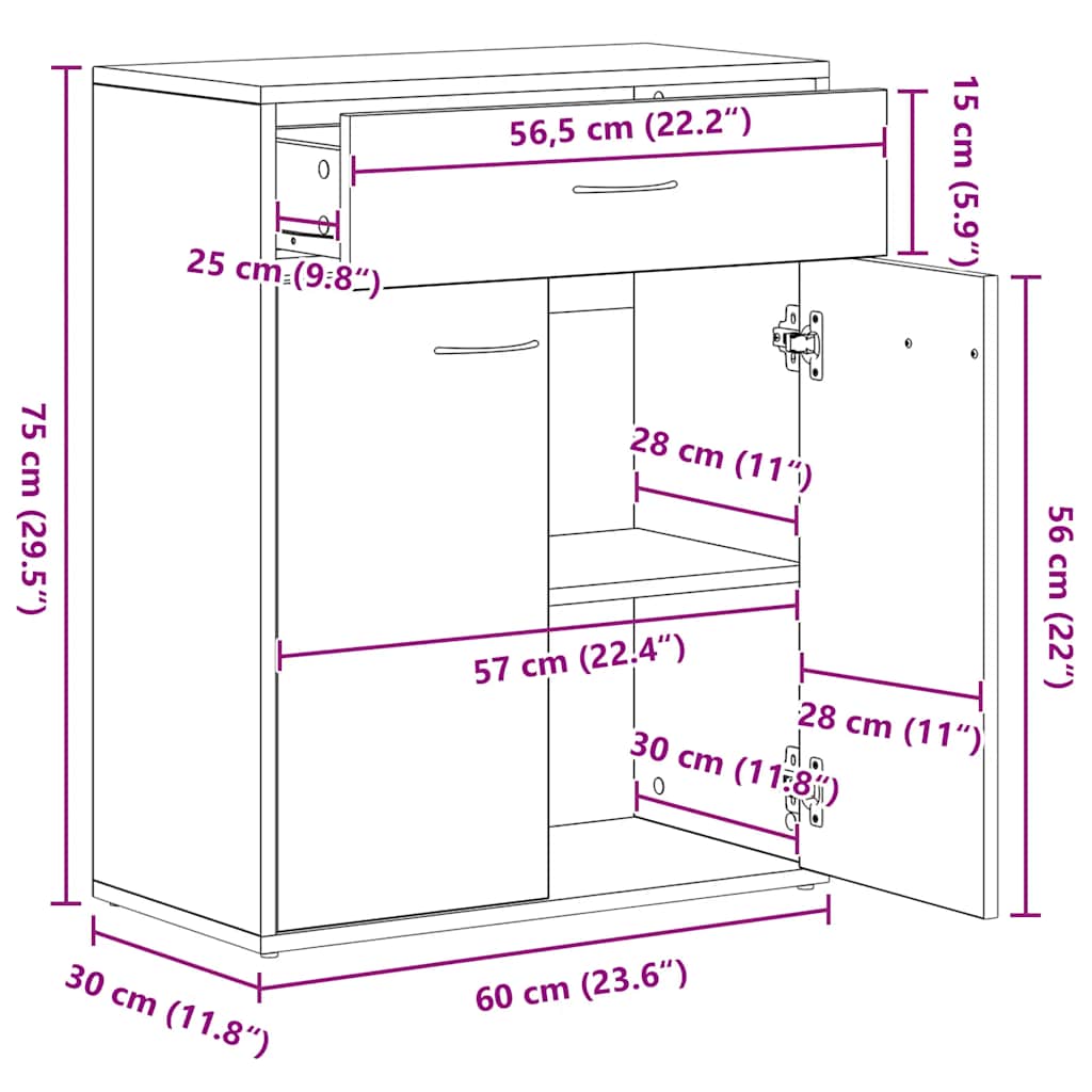 Dressoir 60x30x75 cm bewerkt hout artisanaal eikenkleurig