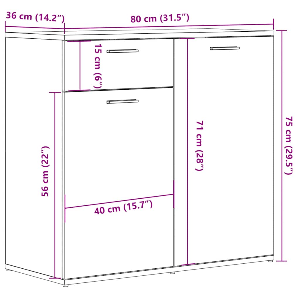 Dressoir 80x36x75 cm bewerkt hout artisanaal eikenkleur