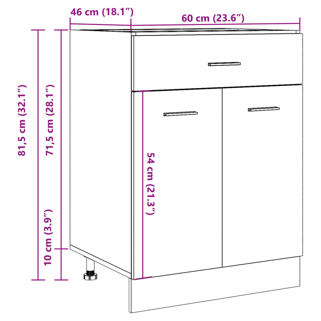 Onderkast met lade 60x46x81,5 cm bewerkt hout oud houtkleurig