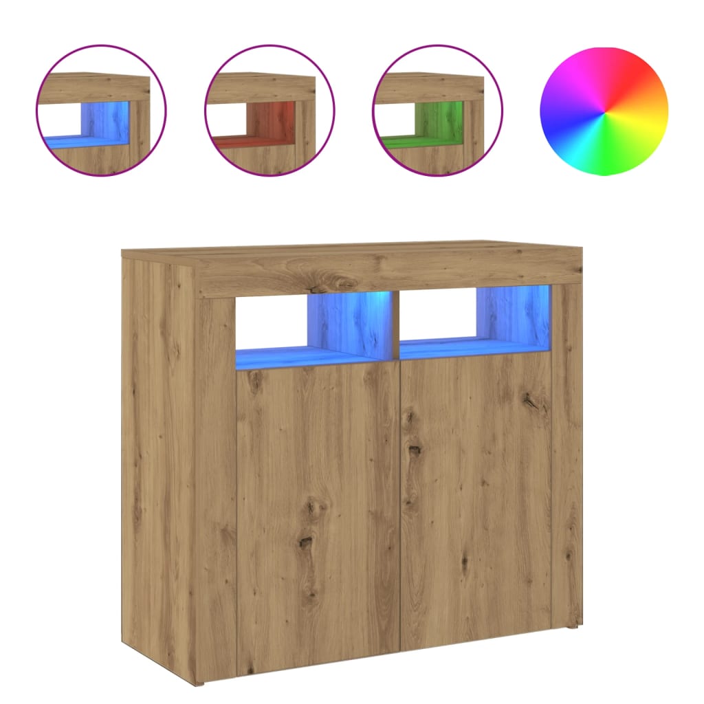 Dressoir met LED 80x35x75 cm bewerkt hout artisanaal eiken