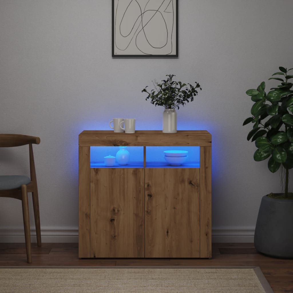 Dressoir met LED 80x35x75 cm bewerkt hout artisanaal eiken