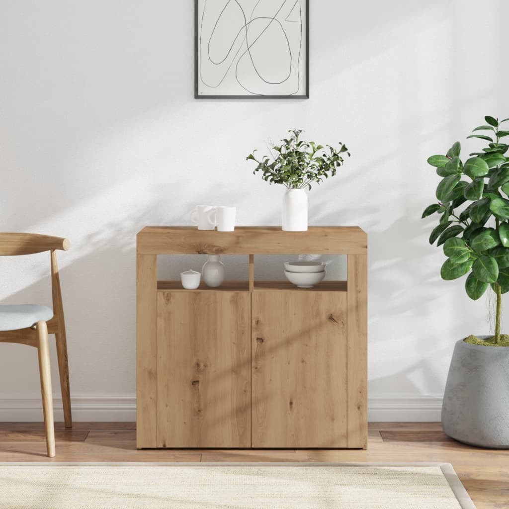 Dressoir met LED 80x35x75 cm bewerkt hout artisanaal eiken