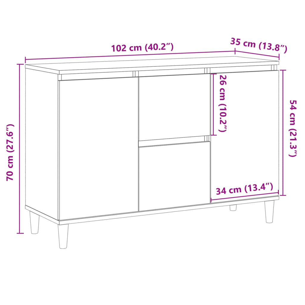 Dressoir 102x35x70 cm bewerkt hout artisanaal eikenkleurig
