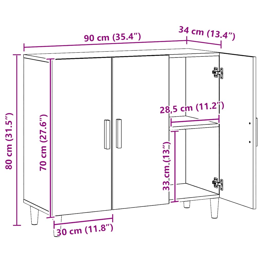 Dressoir 90x34x80 cm bewerkt hout artisanaal eikenkleur