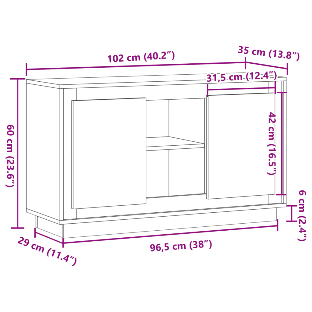 Dressoir 102x35x60 cm bewerkt hout artisanaal eikenkleurig