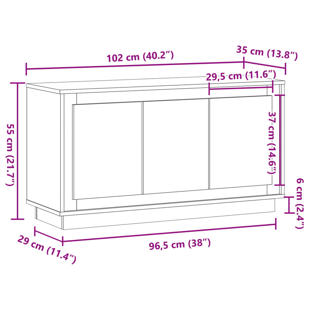 Dressoir 102x35x55 cm bewerkt hout oud houtkleurig