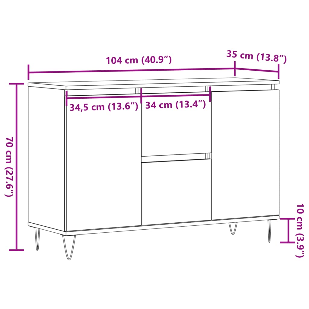 Dressoir 104x35x70 cm bewerkt hout artisanaal eikenkleurig