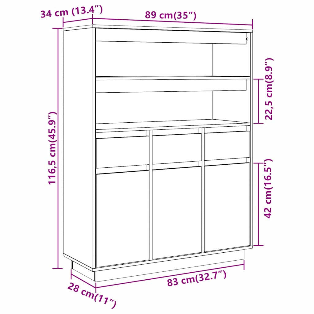Hoge kast 89x34x116,5 cm massief grenenhout wit