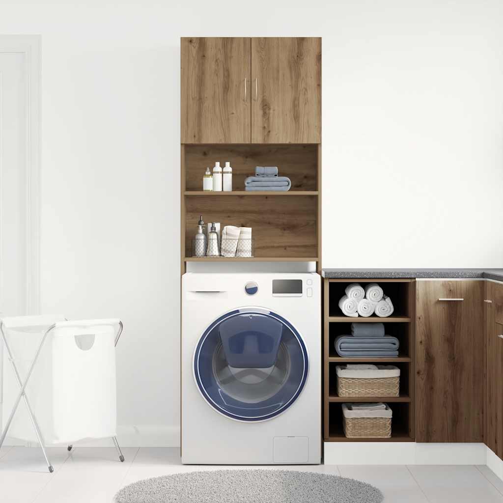 Wasmachinekast 64x24x190 cm bewerkt hout artisanaal eikenkleur