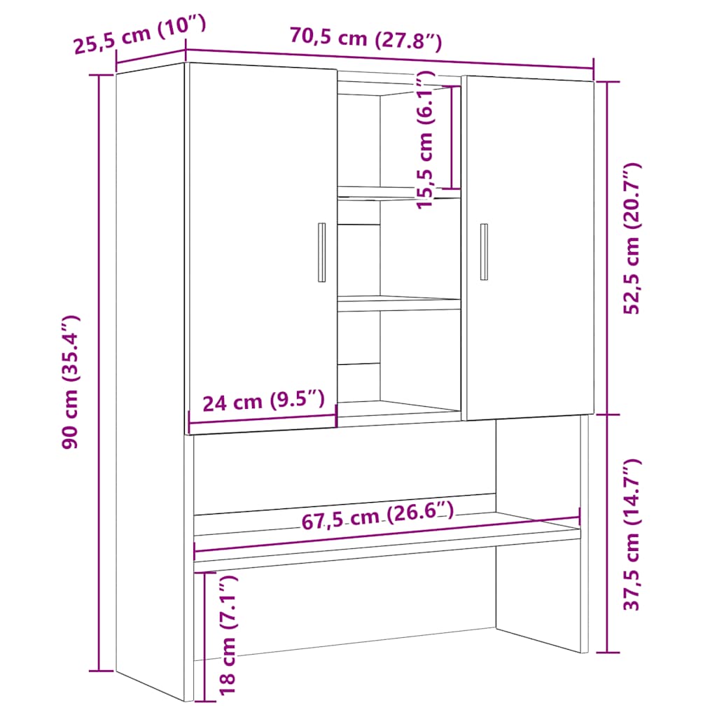 Wasmachinekast 70,5x25,5x90 cm zwart eikenkleurig