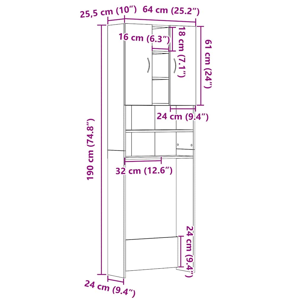Wasmachinekast 64x25,5x190 cm zwart eikenkleur