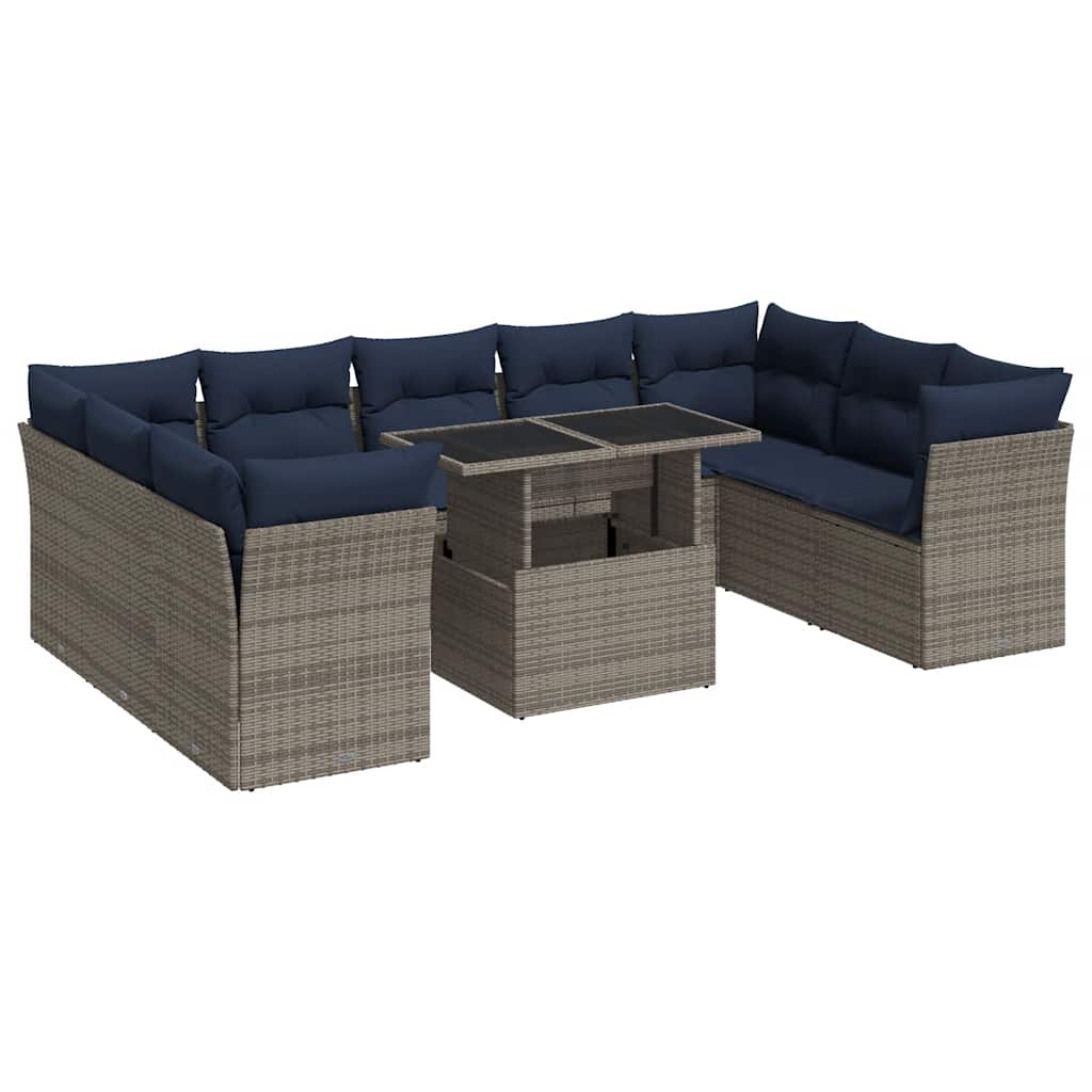 10-delige Loungeset met kussens poly rattan acacia grijs
