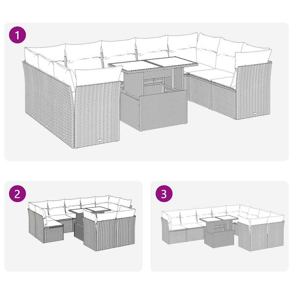 10-delige Loungeset met kussens poly rattan acacia grijs