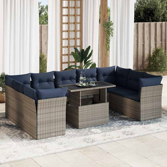 10-delige Loungeset met kussens poly rattan acacia grijs