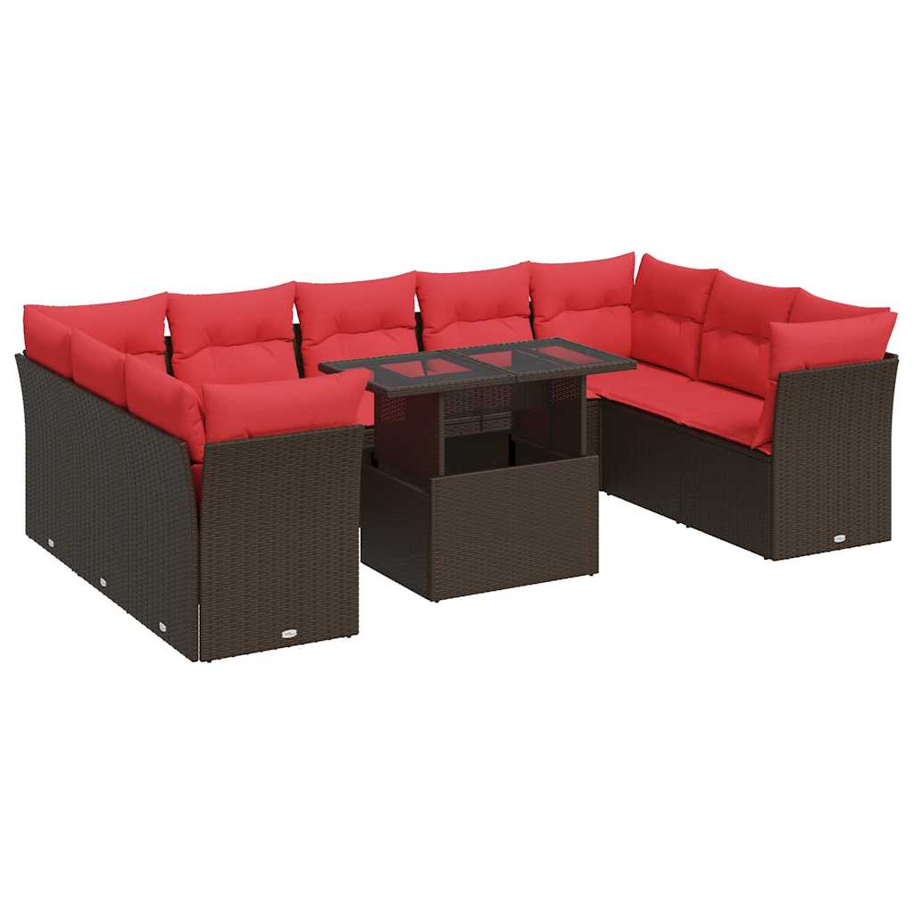 10-delige Loungeset met kussens poly rattan acacia bruin