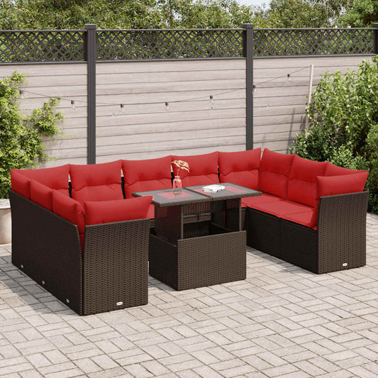 10-delige Loungeset met kussens poly rattan acacia bruin