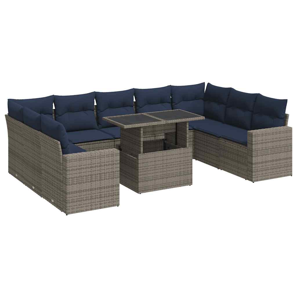 10-delige Loungeset met kussens poly rattan acacia grijs