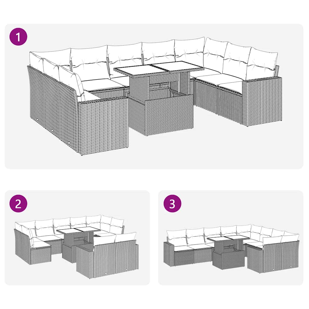 10-delige Loungeset met kussens poly rattan acacia grijs
