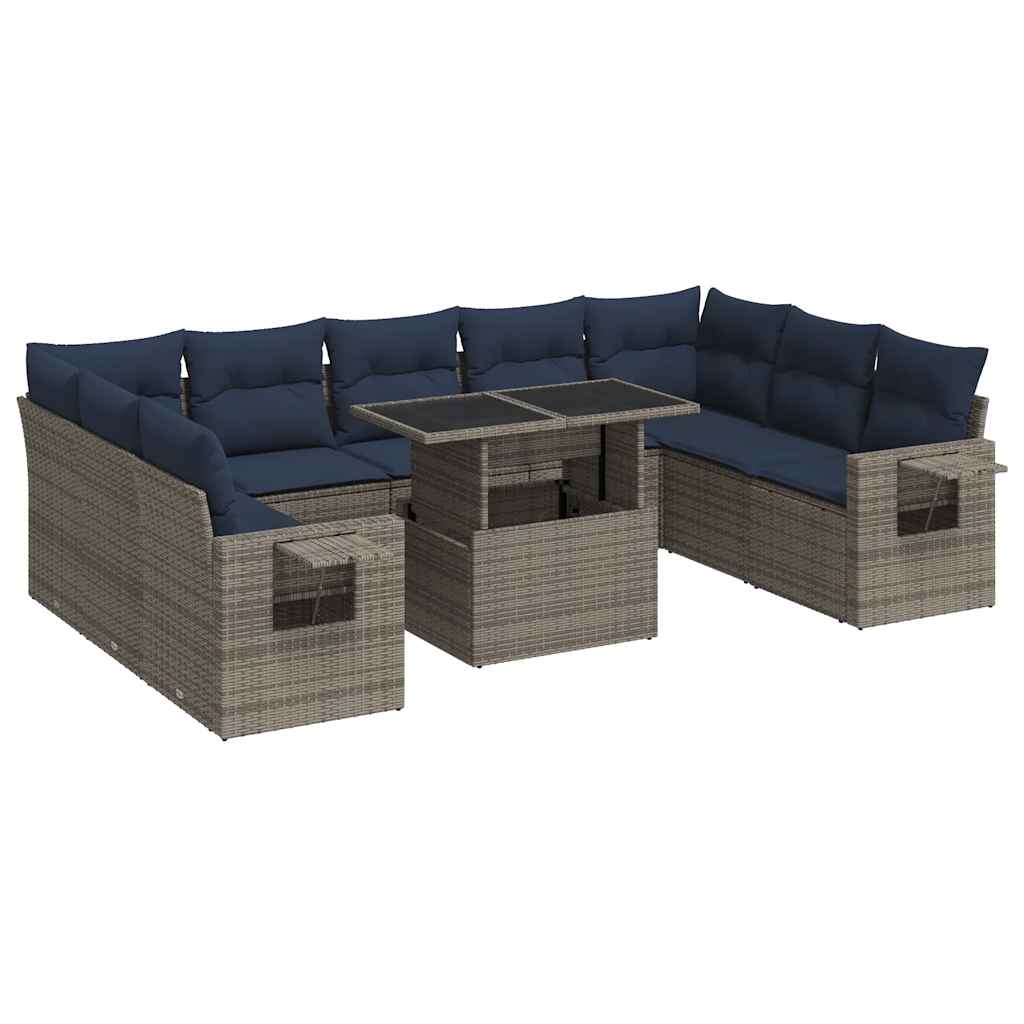 10-delige Loungeset met kussens poly rattan acacia grijs