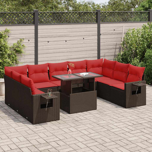 10-delige Loungeset met kussens poly rattan acacia bruin