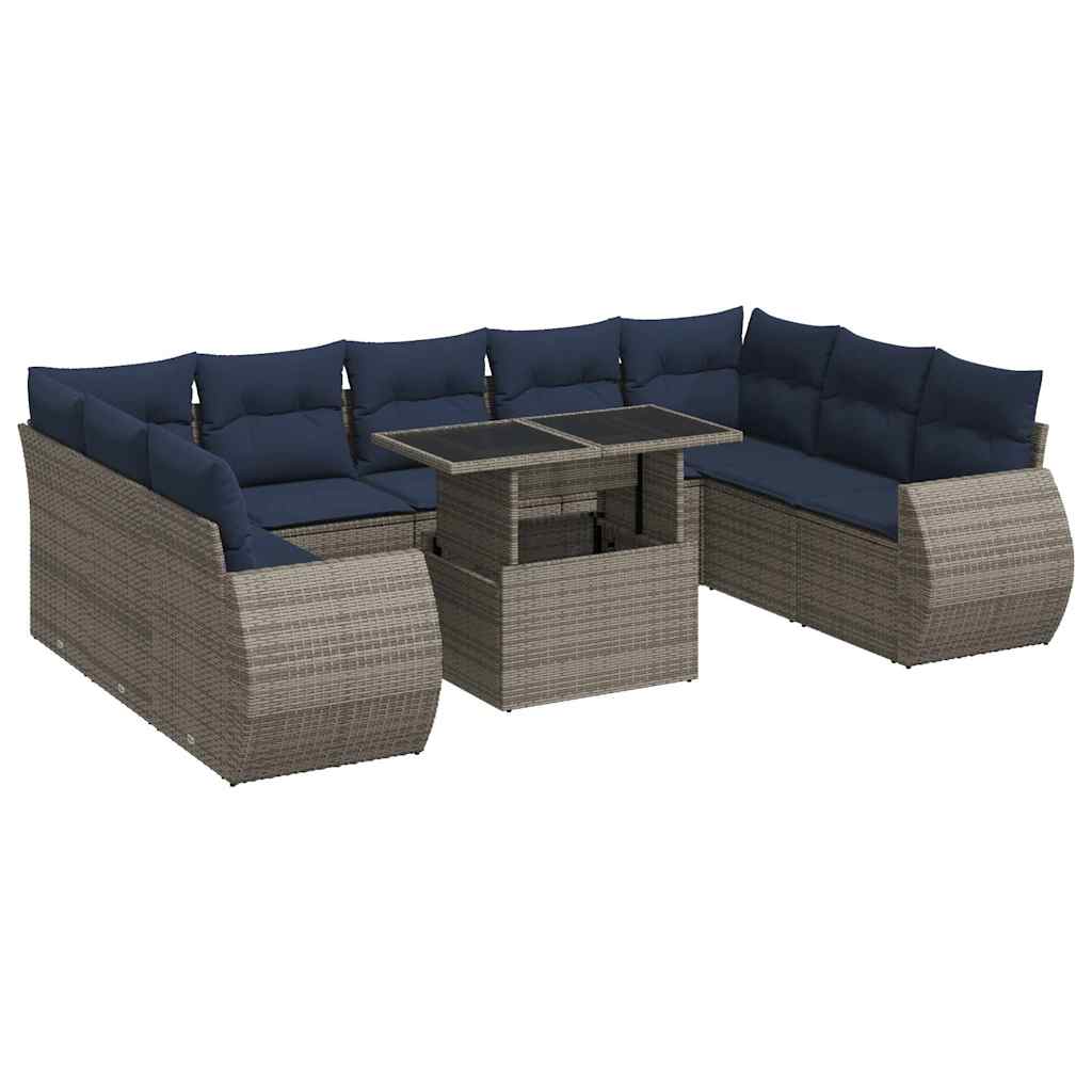 10-delige Loungeset met kussens poly rattan acacia grijs