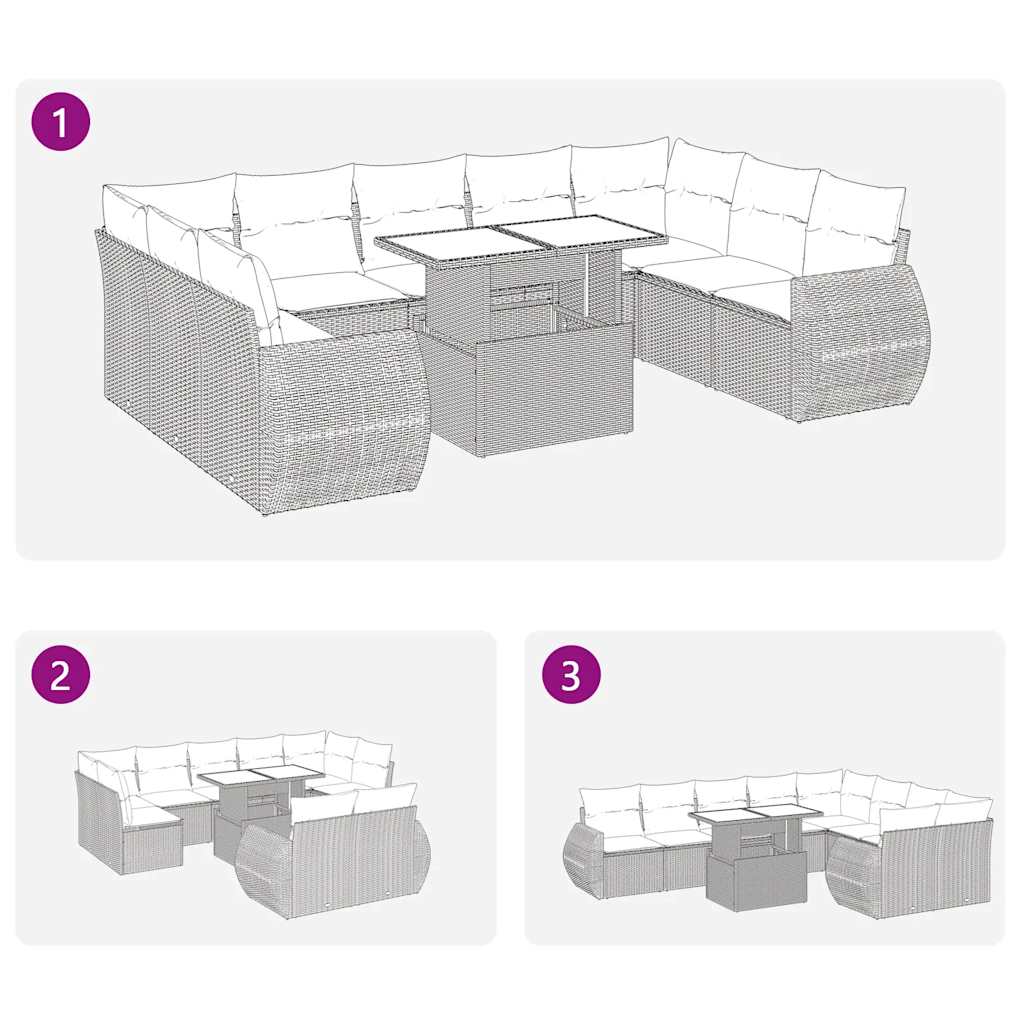 10-delige Loungeset met kussens poly rattan acacia grijs