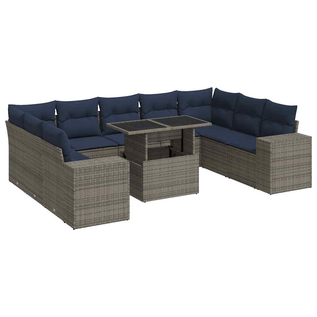 10-delige Loungeset met kussens poly rattan acacia grijs