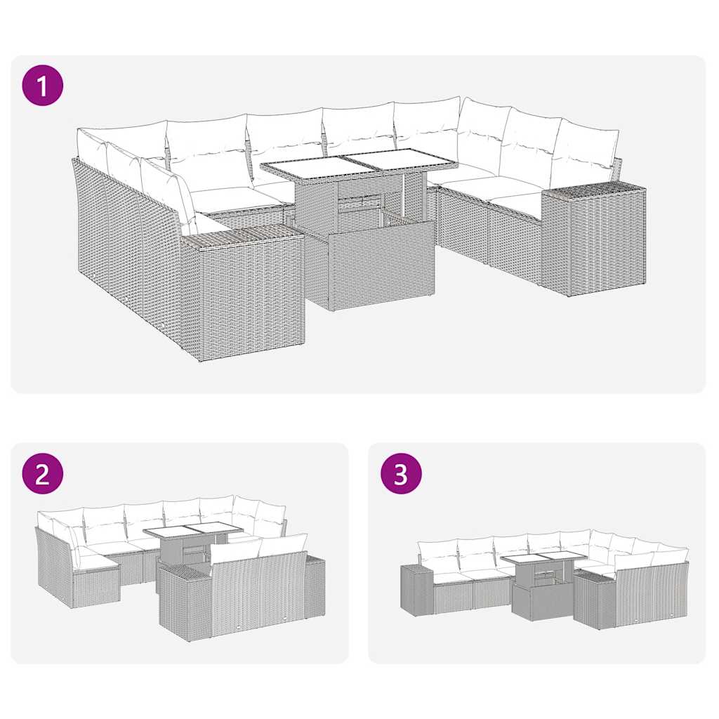 10-delige Loungeset met kussens poly rattan acacia grijs