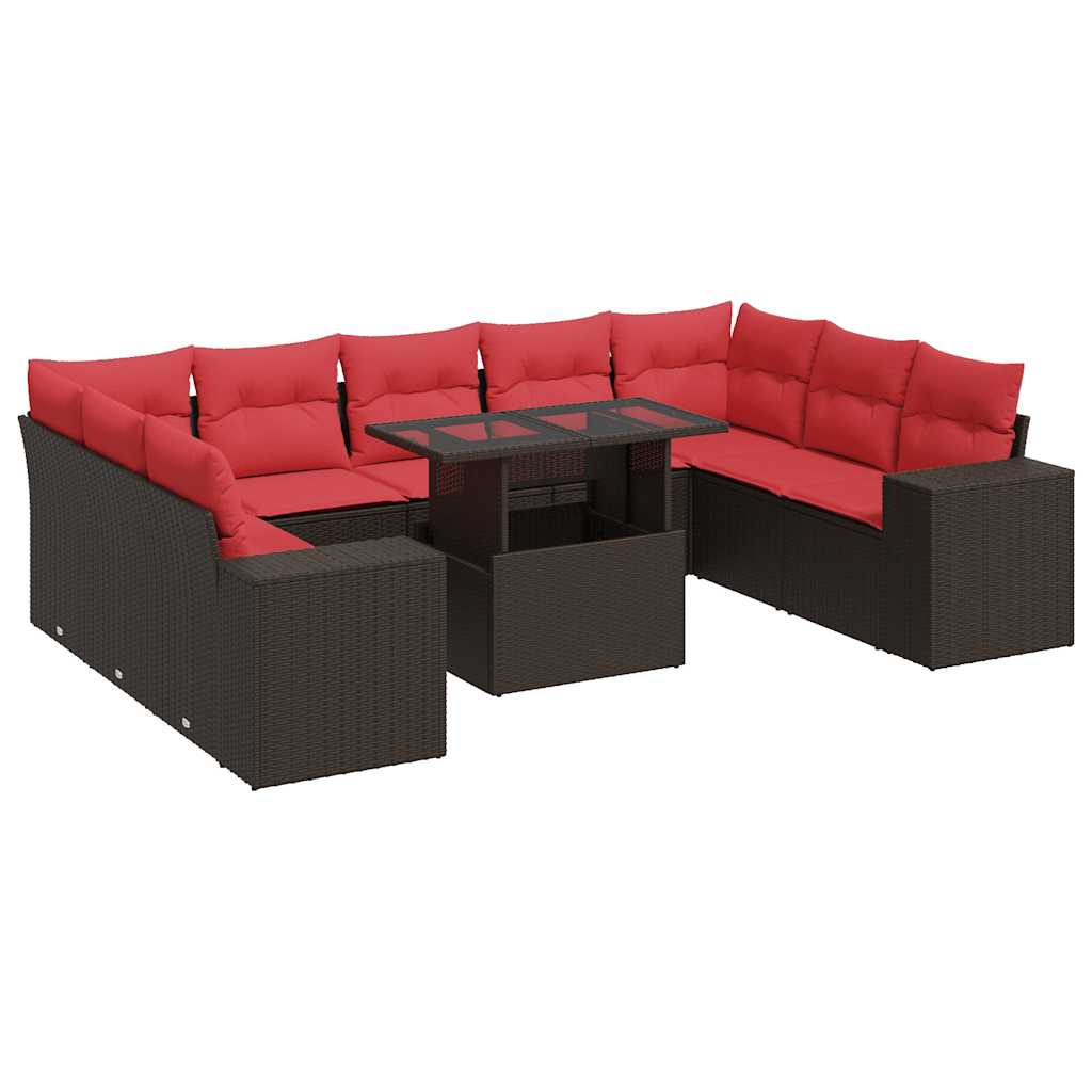 10-delige Loungeset met kussens poly rattan acacia bruin