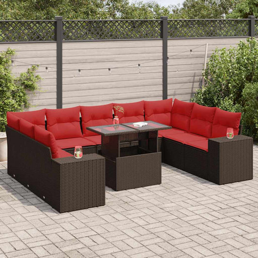 10-delige Loungeset met kussens poly rattan acacia bruin