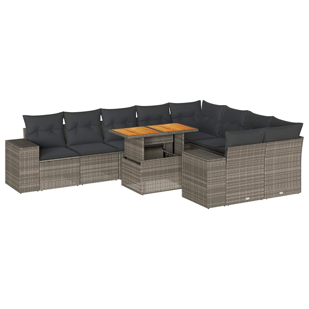 10-delige Loungeset met kussens poly rattan acacia grijs