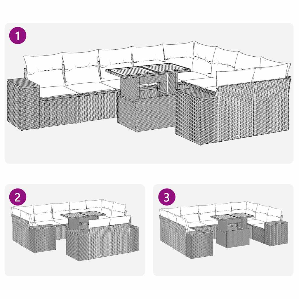 10-delige Loungeset met kussens poly rattan acacia grijs