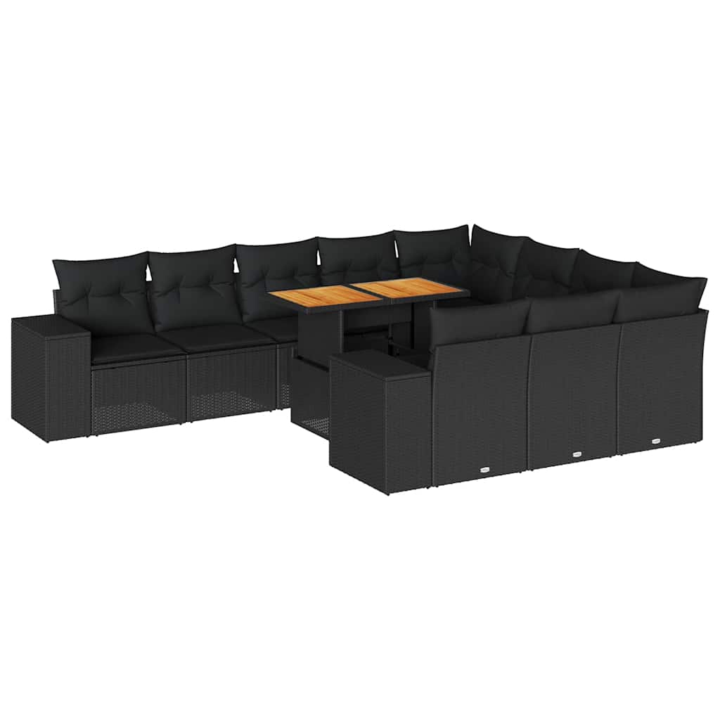 10-delige Loungeset met kussens poly rattan acacia zwart