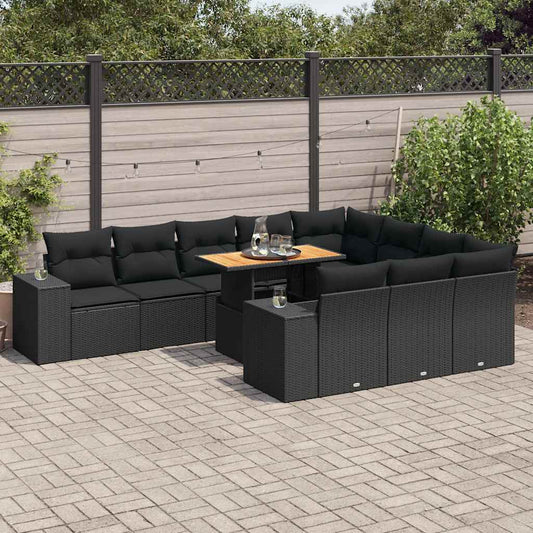 10-delige Loungeset met kussens poly rattan acacia zwart