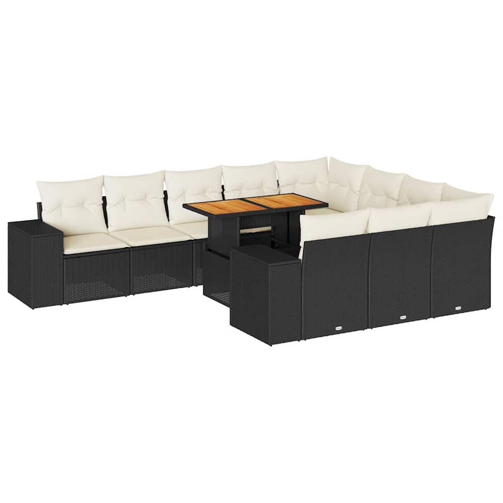 10-delige Loungeset met kussens poly rattan acacia zwart