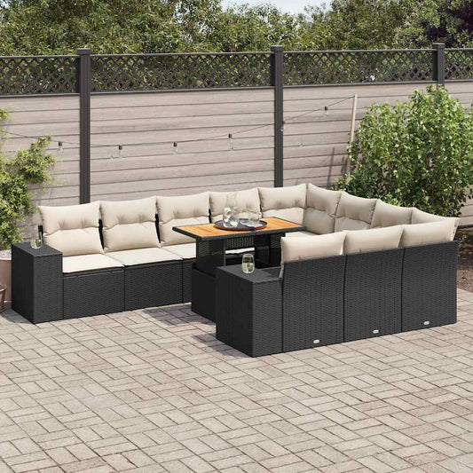 10-delige Loungeset met kussens poly rattan acacia zwart