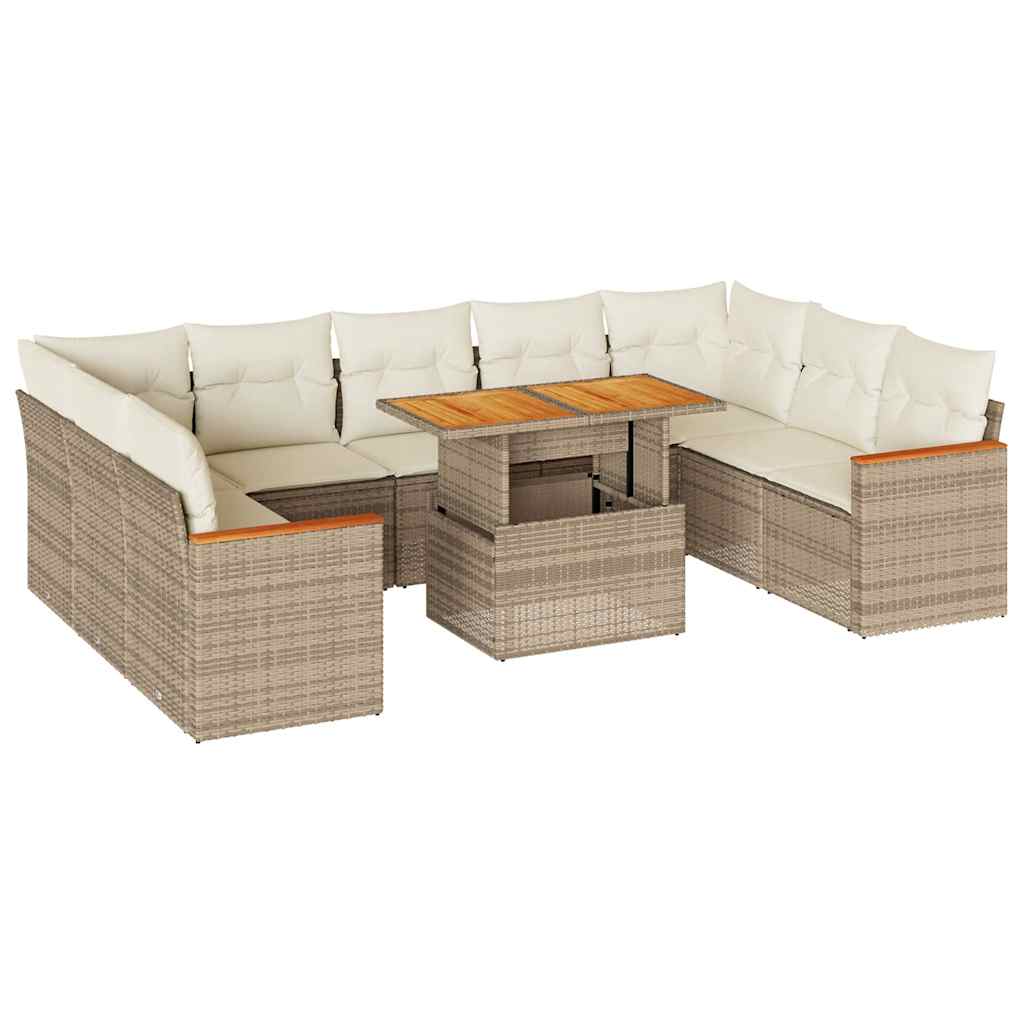 10-delige Loungeset met kussens poly rattan acacia beige